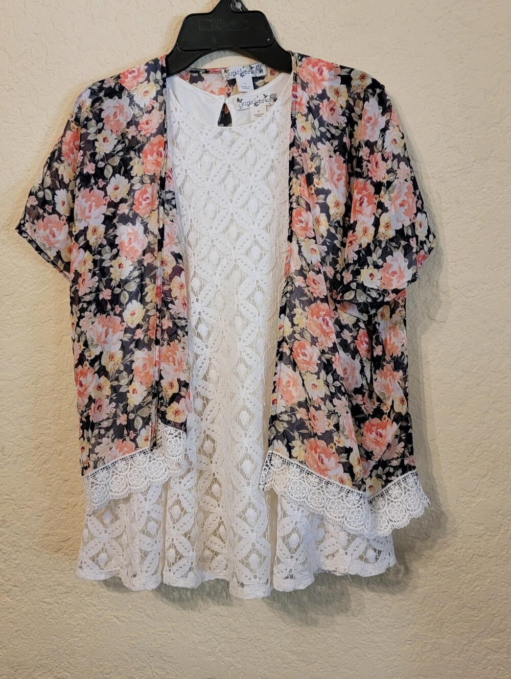 Knit Works Girls Lace Dress with Floral Kimono Sz 7